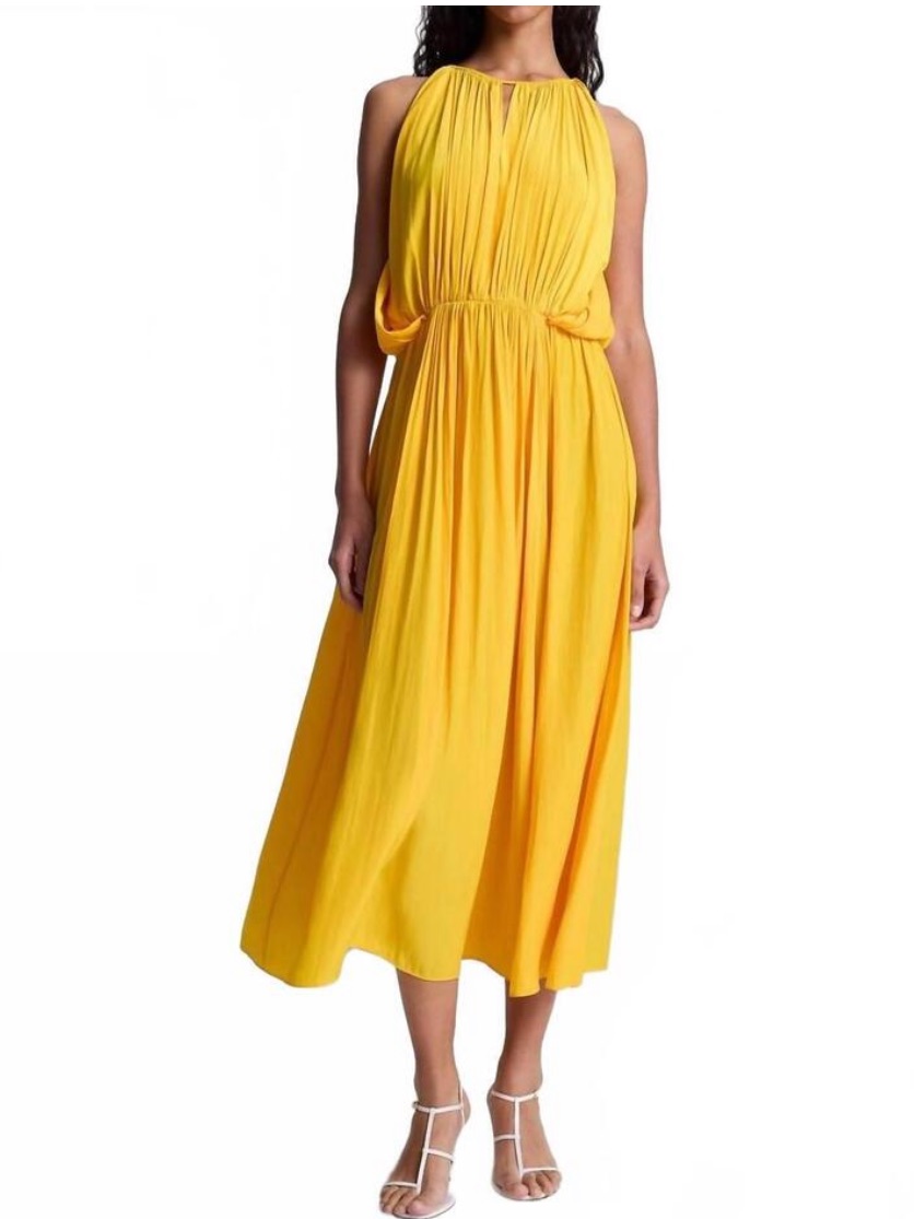 A.L.C. Meredith Mango Yellow Midi Dress Pleated Size S